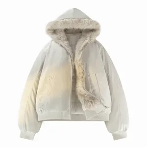 Beige Men's Hooded Jacket With Fake Fur Inside, Crop Top Warm Winter Casual Coats