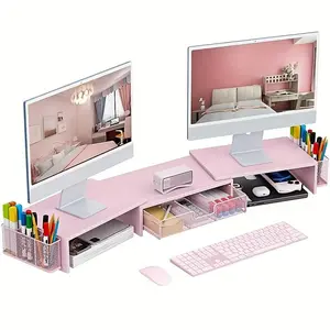 Adjustable Length & Angle Monitor Stand, Desktop Laptop Stand with Storage Function, Desk Organizer for Dual Monitor Computer, Laptop, Keyboard, Monitor Riser