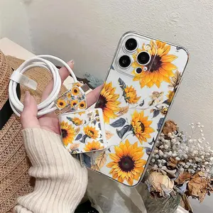 Sunflower Pattern Floral Phone Case with Charger Saver & Cable Protector & Storage Bag & Phone Chain, Anti-drop Cellphone Protective Case for iPhone, Casing