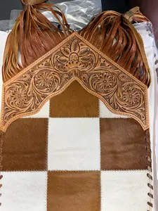 Genuine cowhide & hand tooled leather 6-foot table runner- Brown and white