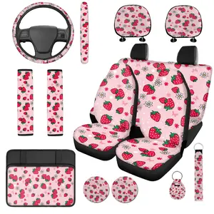 Pink Car Seat Covers Full Set for Women, Strawberry Modern Car Accessories, Durable Car Armrest Cover Pad, Funny Interior Auto Accessories