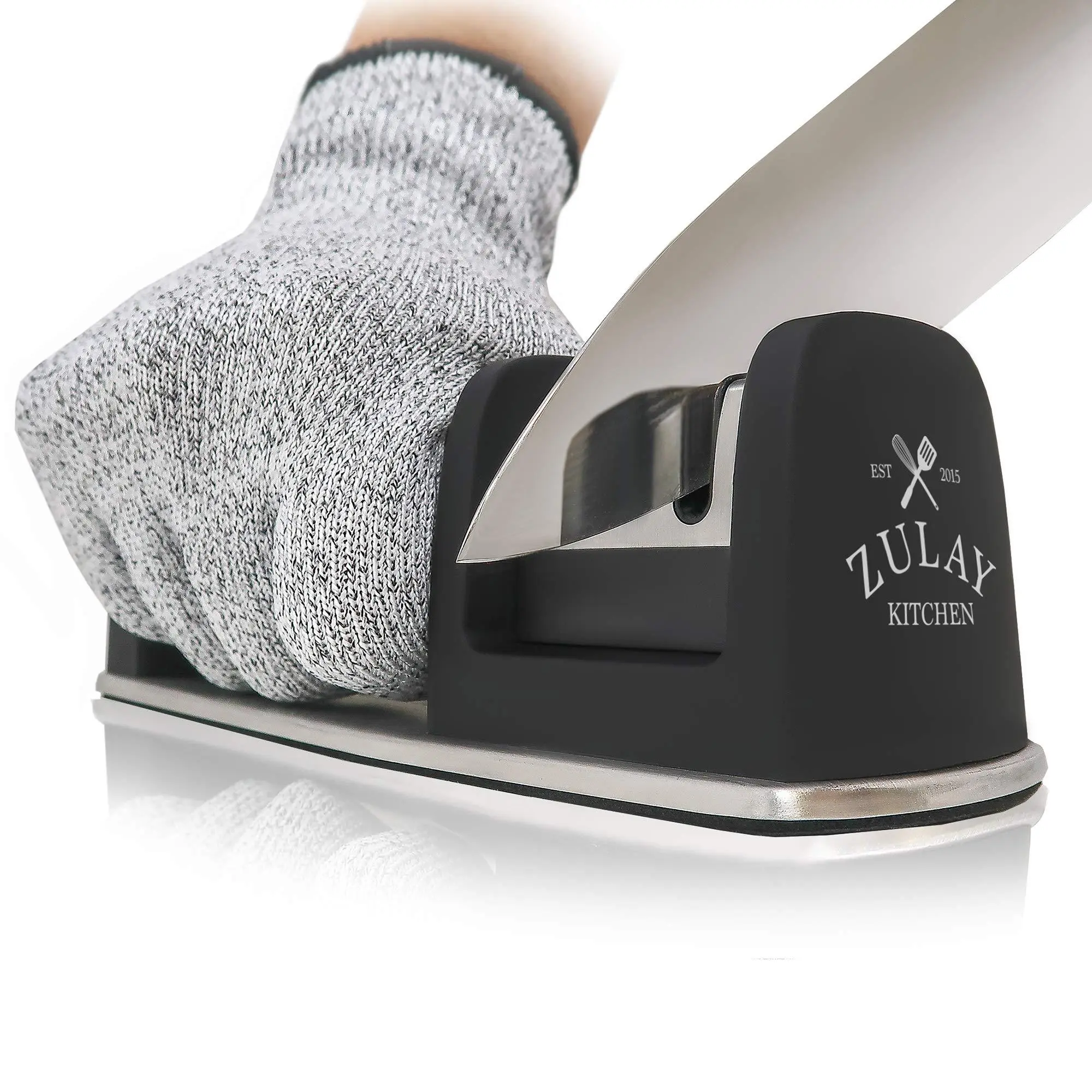 Zulay Kitchen Knife Sharpener & Cut-Resistant Glove | 2-Stage Knife Sharpening Tool Restores, Polishes and Helps Repair Blades, Dull Steel, Paring, Chefs and Pocket Knives | Stainless Steel & Tungsten