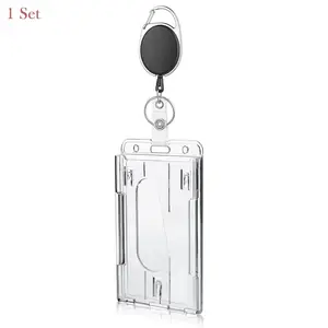 Clear Dual Slot ID Card Holder with Retractable Cord, Durable PC Material for Office Use, Transparent Dual Slot Storage Organizer, Retractable Badge Holders