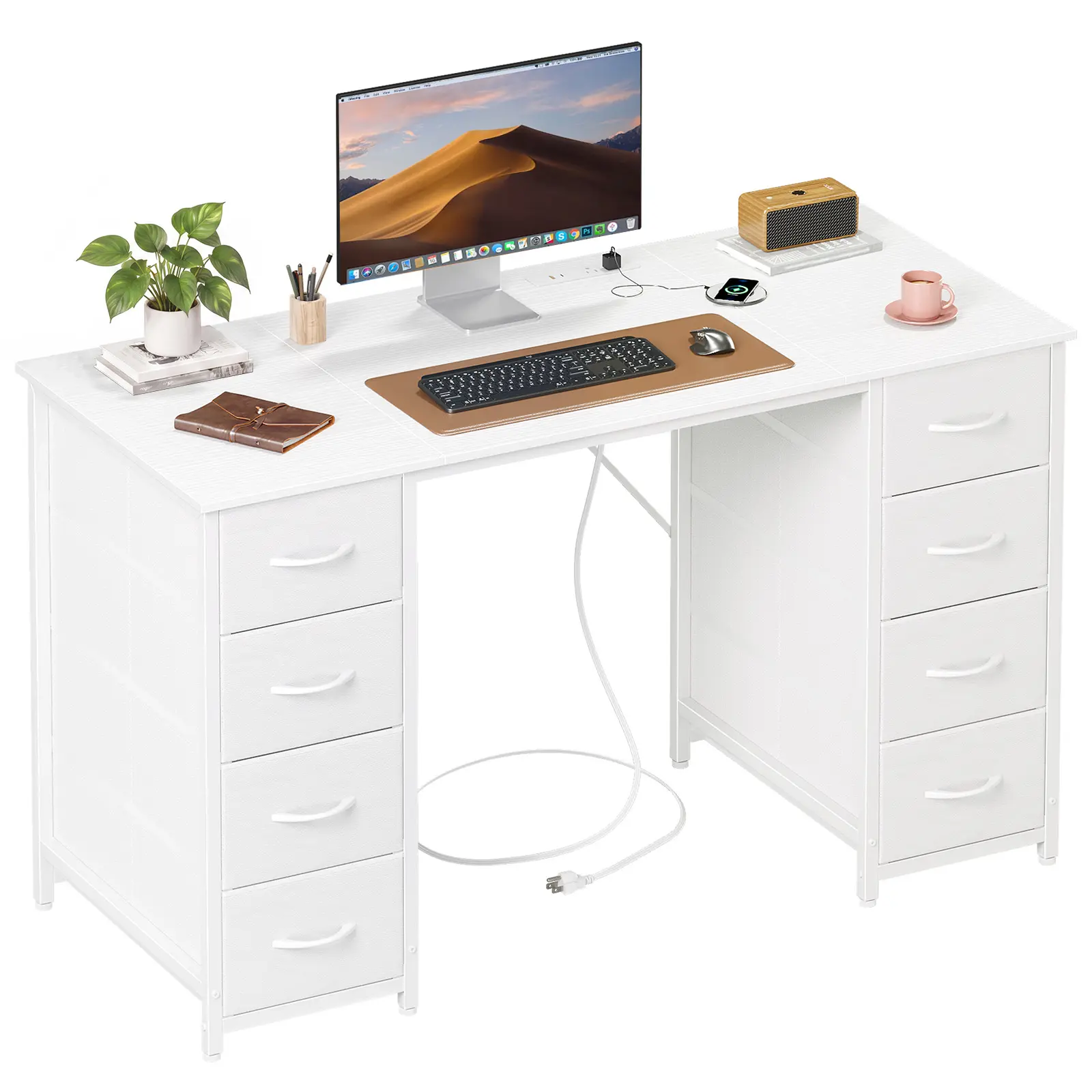 Somdot 47in Modern Rectangular Computer Laptop Desk - Home Office Piece with 8 Fabric Drawers, Charging Station, Power Outlets, Type-C Ports, Metal Legs, Gaming Use for Bedroom, Black, Home Office Desks