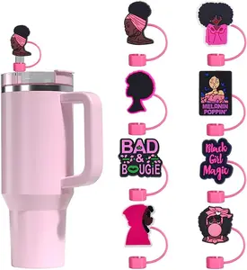 8Pcs Pink Black Girl Straw Covers Cap for Stanley Cup, Cute Silicone Straw Topper Compatible with 10mm/0.4in Diameter Straws, Reusable Dust-Proof Tips, Stanley Cup Accessorie