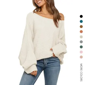 Danedvi Women's Oversized Solid Loose Crewneck Cotton Woven Sweater - Longsleeve Style, Breathable Lightweight Yarn, Elastic Batwing Puff, Cable Knit, Slouchy Fit, Fashion Casual Elegant Pullover Top for Everyday Wear