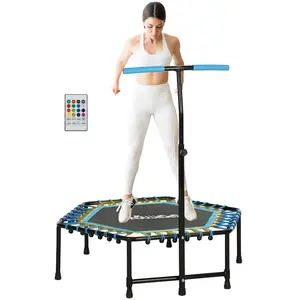 Soozier 45" Rebounder Trampoline for Adults, Mini Trampoline Indoor with Colorful LED Lights and Adjustable Handle, Quiet and Safe Bungee Rebounder, Blue