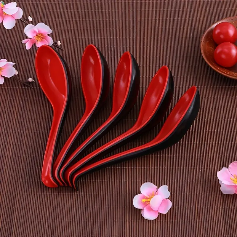 5pcs Soup Spoons Asian Soup Spoon Japanese Style Rice Spoons Melamine Spoon Sauces Soup Spoon Porridge Spoon Ramen Pho Wonton Dumpling Red And Black Spoons For Restaurant Supplies, Dinnerware Utensils, Plastic Spoons, Soup Spoon Set