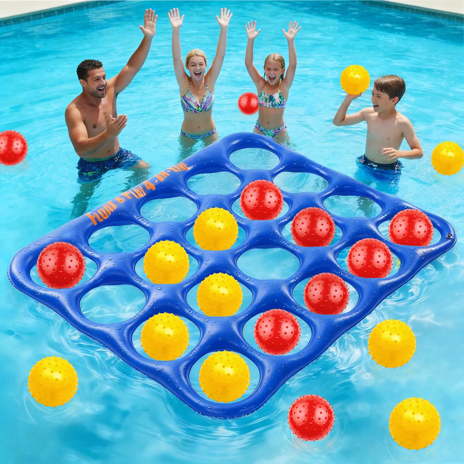 Inflatable 4-in-line Pool Toy Set, Giant Floating 4-in-a-Row Toss Pool Game with 20 Balls for Kids Ages 8–12, Teens & Adults, Summer Pool Party, Pool Tic Tac Toe Game