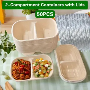 Wheat Straw Divided Food Containers 50pcs (2 Sections + Lids), Eco-Friendly Disposable Takeout Bento Boxes, Microwave-Safe Stackable Storage, For Parties Picnics Buffets, Holiday Events, Pasta Salad Meal Prep, Disposable Tableware, Disposable Dinnerware