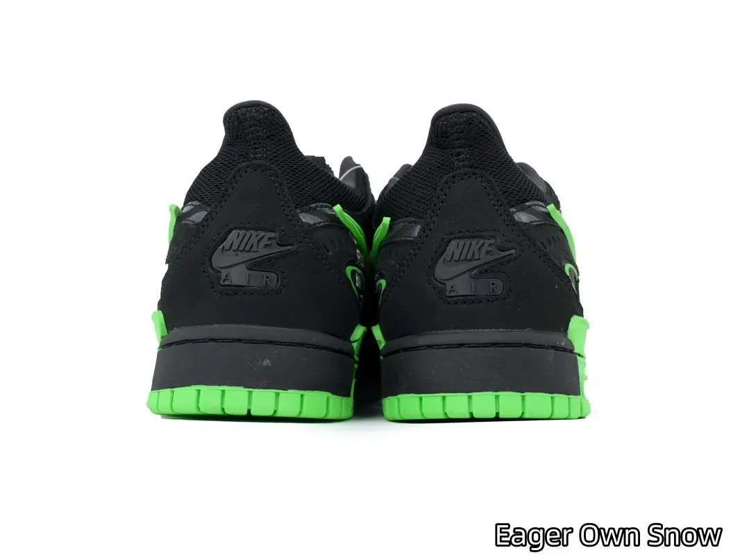 Techwear 2-Tone Casual Skate Shoes for Men - Solid Black Smooth Leather, Neon Green Contour Lines, Block Printed Heel Accent, Wear-Resistant Traction Outsole, Urban Walking Footwear
