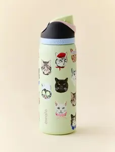 Owala Cute Cat Print FreeSip Insulated Water Bottle | Limited Edition Owala Cat Water Cup | 24hr Cold, Leak Proof | Adorable Cat Face Bottle | Stainless Steel Insulated Tumbler for Kids & Adults| Push Button Lid | BPA-Free & Durable