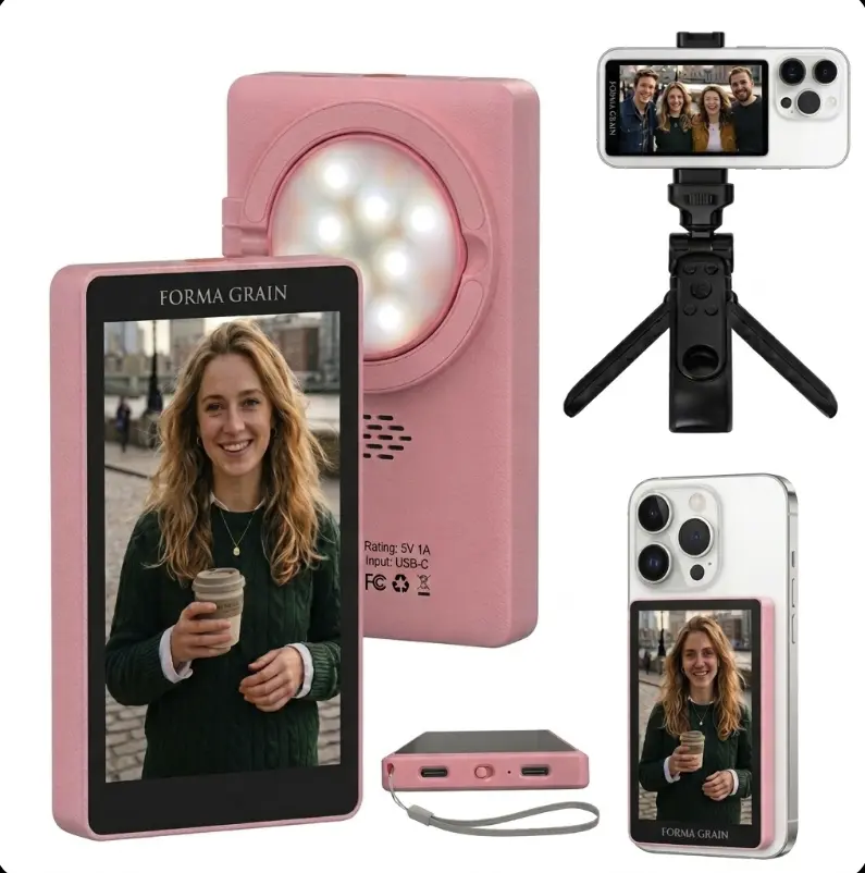 Summerwins【FORMA GRAIN】5" HD Selfie Monitor for Rear Camera Vlog & Live Streaming | Built-in Teleprompter, 3-Mode Fill Light, Bluetooth Remote & 2000mAh Power Bank (Not for iPhone 17)