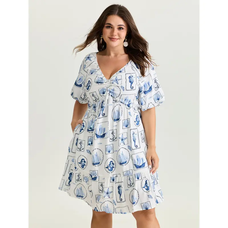 BloomChic Vitamin-Sea Print Ruched Mini Dress 【M-6XL】