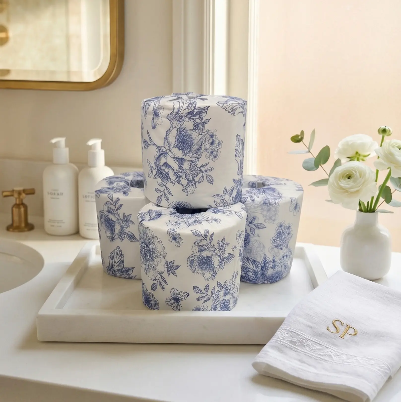 Stay Papier™ Soft Floral Toile Elegant Printed Toilet Tissue, Bath Home Care Supply, Gifting Ready for Luxury Residence, Open Shelving & Minimal Storage