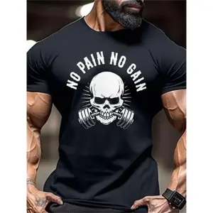 Men's 3D Printed Gym T-Shirt - Quick-Dry Moisture-Wicking Workout Tee with "NO PAIN NO GAIN" Skull Graphic, Breathable Round Neck Short Sleeve for Training & Casual Summer Wear, Gym Shirts, Quickdry Fabric