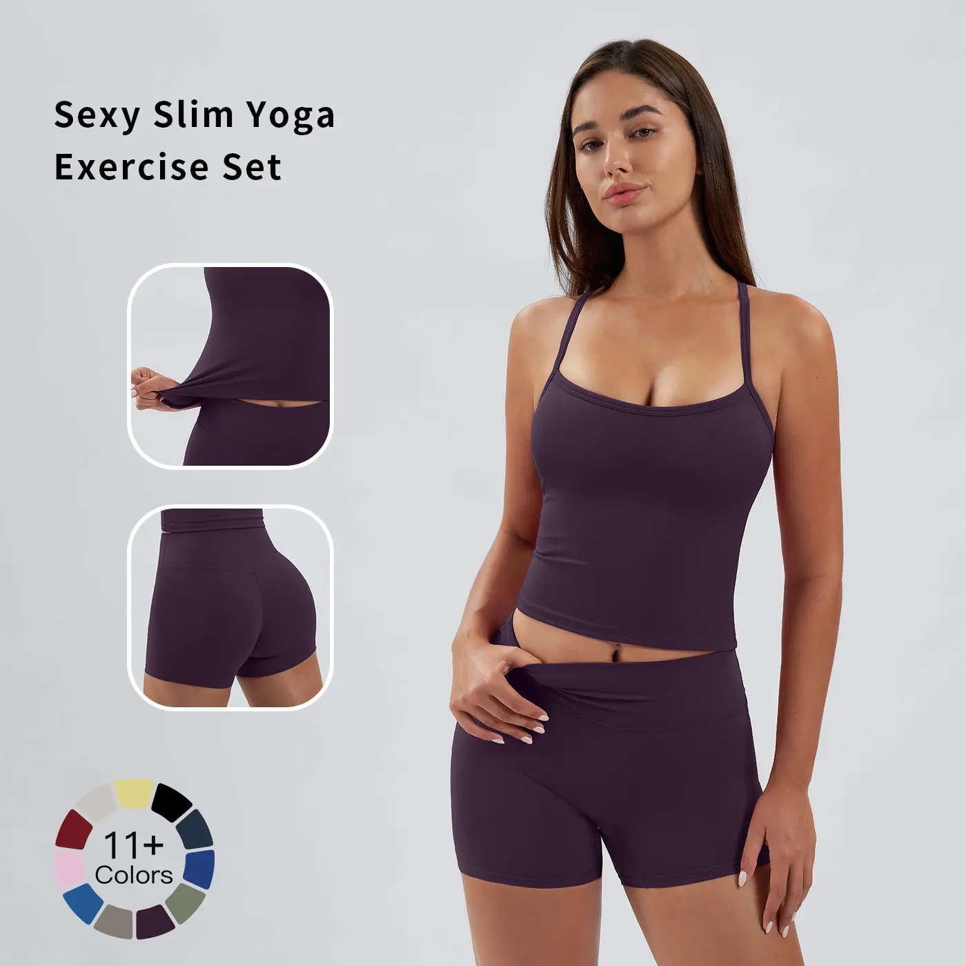 Tenwolf Two-piece Set Women's Solid Backless Cami Top & High Waist Shorts Tracksuit Set, Sleeveless Spaghetti Strap Crop Top & Skinny Shorts, Ladies Sportswear for Indoor Outdoor Wear, Gym Wear, Gym Casual Wear, Summer Activewear, Gymwear pink