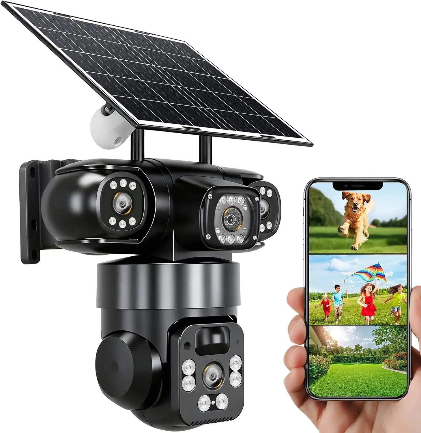 12MP Solar Security Camera Wireless Outdoor, 360° PTZ Triple Lens Home Surveillance System with Full Color Night Vision, Motion Detection Alarm, 2-Way Audio, IP66 Waterproof, SD/Cloud Storage, Smart App Control for Home & Yard