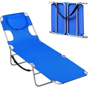 Beach Lounge Chair for Adults, 4-Position Folding Tanning Chairs with  Hole, 2  Support Portable Outdoor Chair for Beach, Pool, Blue