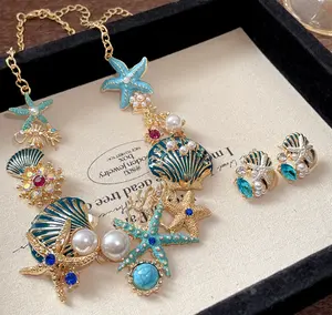Coastal Girl 2-Pcs Nautical Costume Jewelry Set - Enamel Starfish Seashell Pearl Rhinestone Choker Necklace & Stud Earrings, Ocean-Inspired Mermaid Siren Goddess Symbol Accessory for Jewelry Lovers (Seashell Aesthetic, Vacation Party Daily Wear)