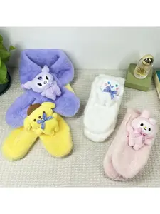 Pink Bunny Plush Scarf with Checkered Bow Decoration, Women's Versatile Winter Warm Wrap