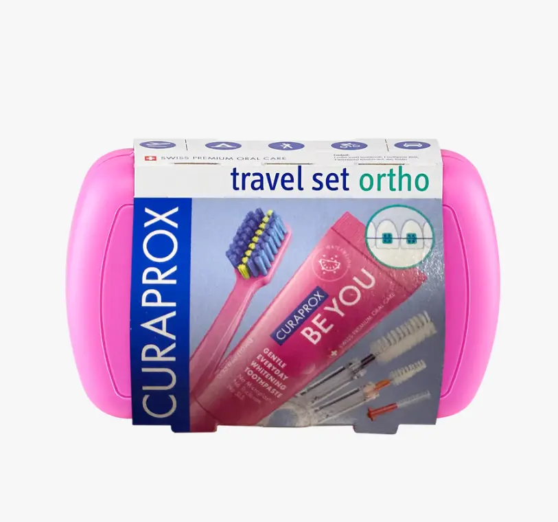 CURAPROX Ortho Travel Set Pink Oral Care with Toothbrush and Toothpaste for Daily Use