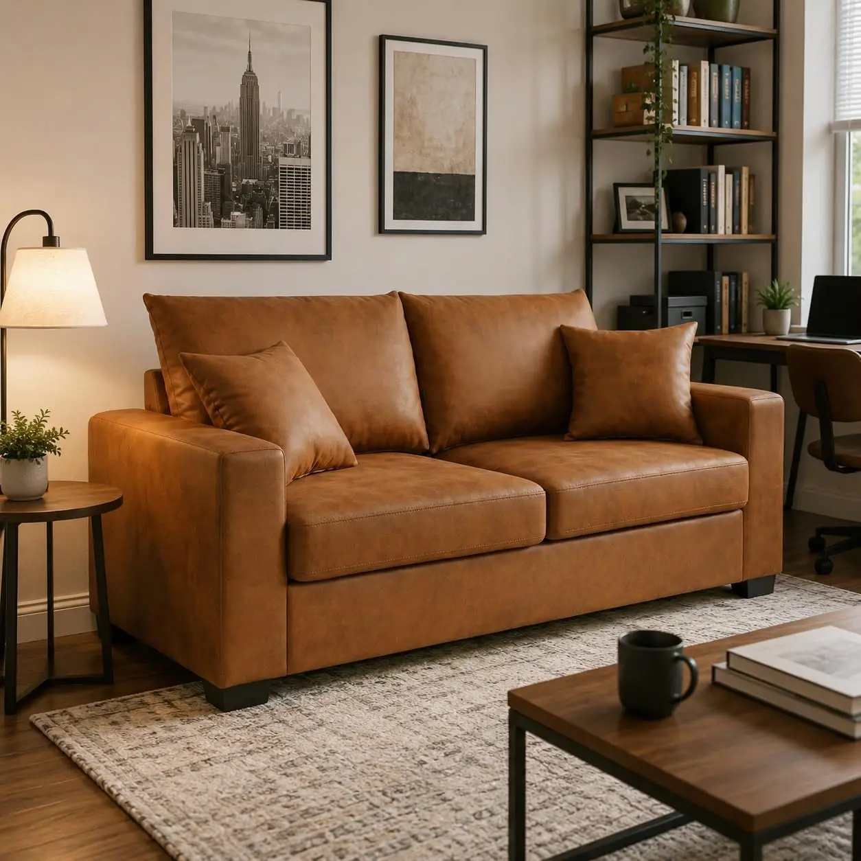 69" Loveseat Sofa, Modern Upholstered Love Seat Couches with Throw Pillows, Cozy 2 Seater Couch Sofas with Sturdy Plastic Legs for Living Room, Apartment, Office, Light Brown