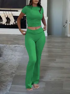 Women's Solid Color Crop Crewneck Shortsleeve Tee & Pants Two-piece Set, Casual Minimalist Basic Fashion Fitted Cozy Outfits for Daily Wear, Ladies Summer Clothes, 2 Piece Co-ord Set, Clothing, Womenswear, Matching Sets, Target Ribbed Matching Set