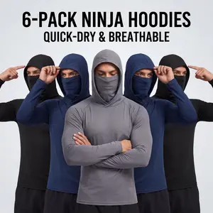 6-piece set men's outdoor work sun protection clothing with sun-blocking hoodie, featuring built-in face mask and neck guard, breathable long-sleeve hoodie