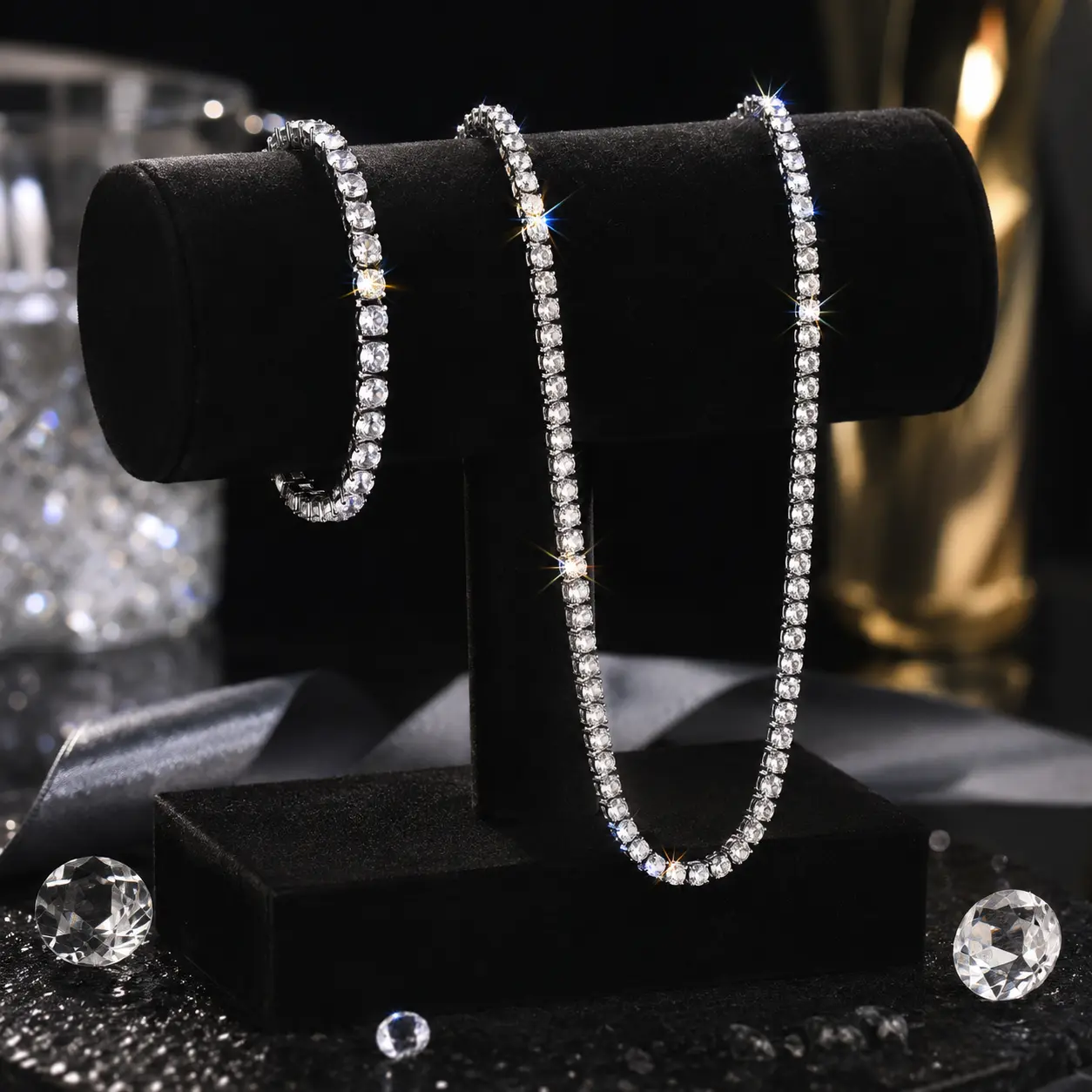 2PCS Luxurious Shiny Tennis Necklace Bracelet Set 304L Stainless Steel Inlaid 5mm Round Cubic Zirconia Unisex 14K White Gold Plated Chain Party, Proms, Music Festivals, And Holiday Fashion Wear Accessories