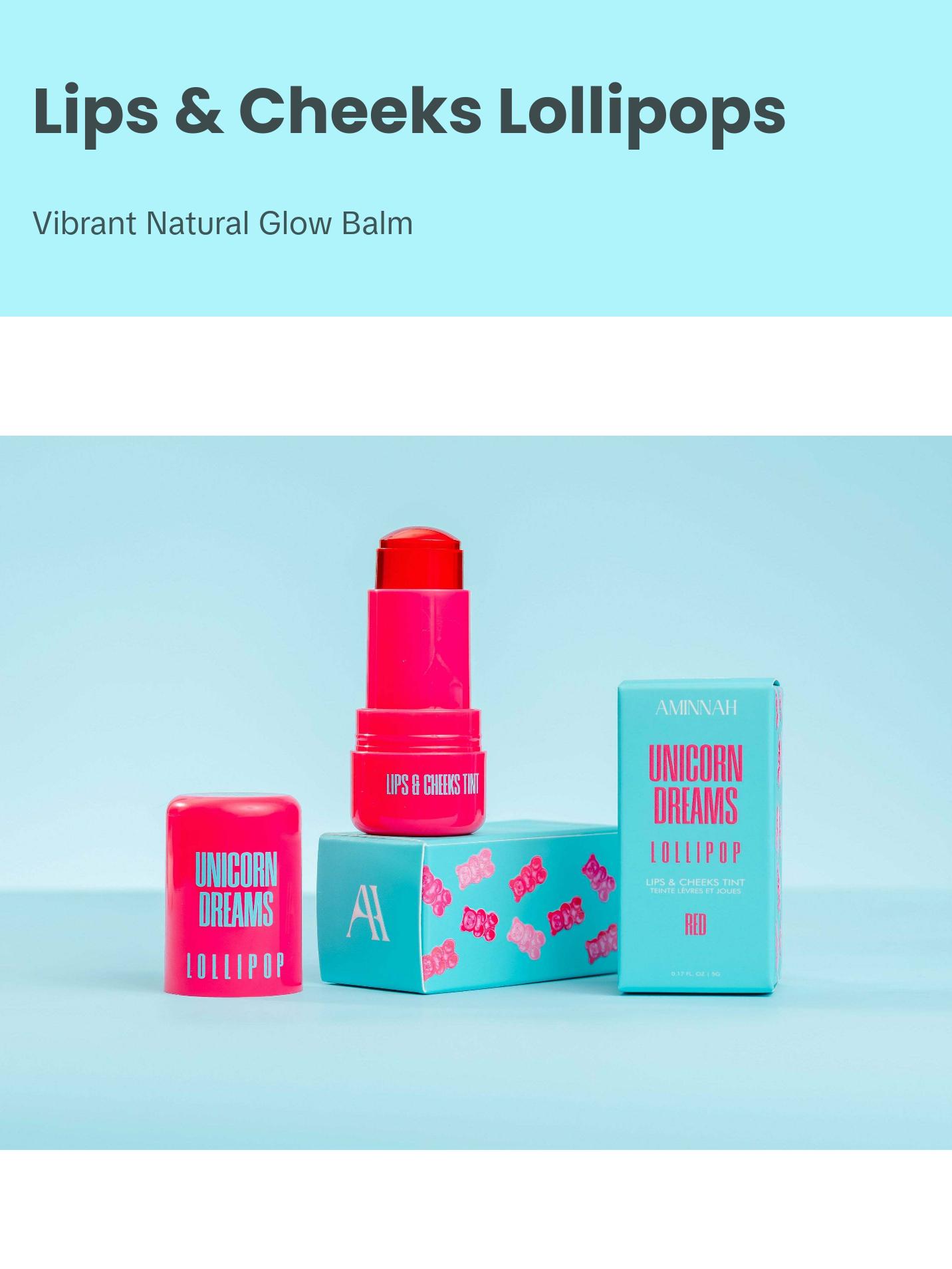 AMINAH Unicorn Dreams LOLLIPOP - Lips & Cheeks Tint - Red STAIN Gloss Lipgloss - Natural Ingredients - Vibrant Red Shade - Makeup Cosmetic