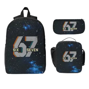 The ‘67’ Backpack—Ideal for Travel and Daily Use. This lightweight bag features a letter and number print, adjustable shoulder straps, and a zip closure; a high-capacity daypack designed specifically for students and daily commuters.