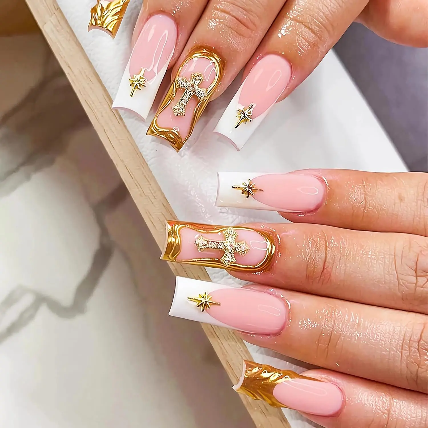 Press on Nails - Long Square Glue on Nails with Handmade 3D Gold Chrome, Acrylic Squoval Artificial Cross Rhinestone Design, 24 pcs