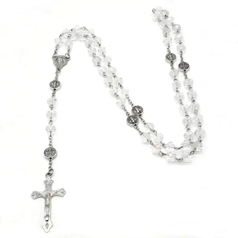 Crystal Beaded Rosary Necklace, Dainty Vintage Style Religious Jewelry with Cross Pendant for Women, Ideal for Prayer, Church, or Baptism Gift, Dainty Crystal Necklace, Religious Design Necklaces