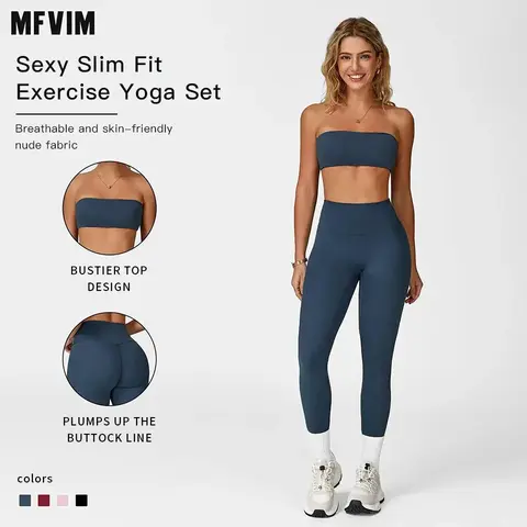 MFVIM Women's 2-Piece Solid Crop Tube Top & High-Waist Yoga Bottoms Workout Set, Seamless Breathable Quick-Dry Gym Activewear for Yoga, Runs, All-Season Women's Matching Gym Sets Activewear, Workout Sets Women