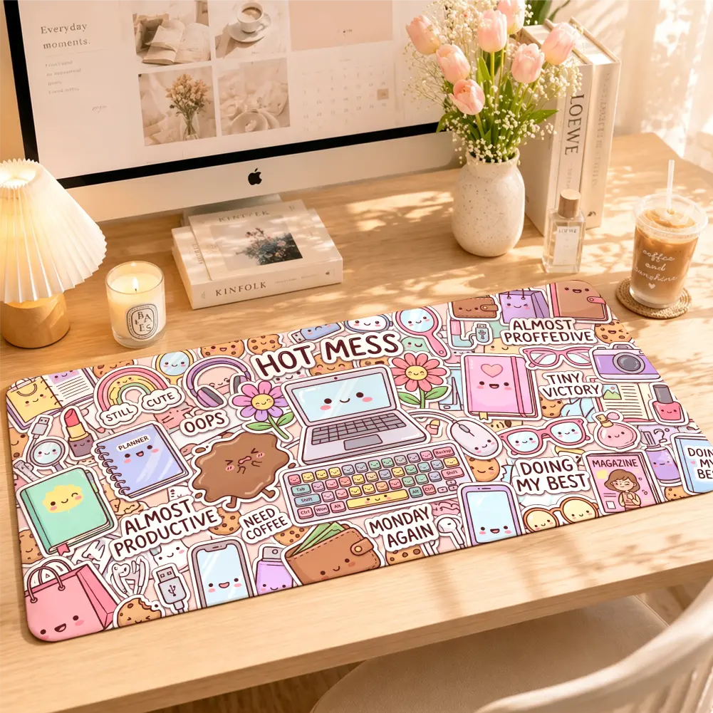 Women's Kawaii Cute Rectangular XXL Natural Rubber Non-Slip Gaming Mouse Pad - Large Area Computer Desk Mat, Fun Desk Accessories, Pastel Hot Mess Aesthetic Office Supply
