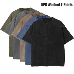 5 Pack Oversized Tshirts for Men Gym Vintage Heavyweight T Shirts Cotton Workout Acid Wash Baggy Tees