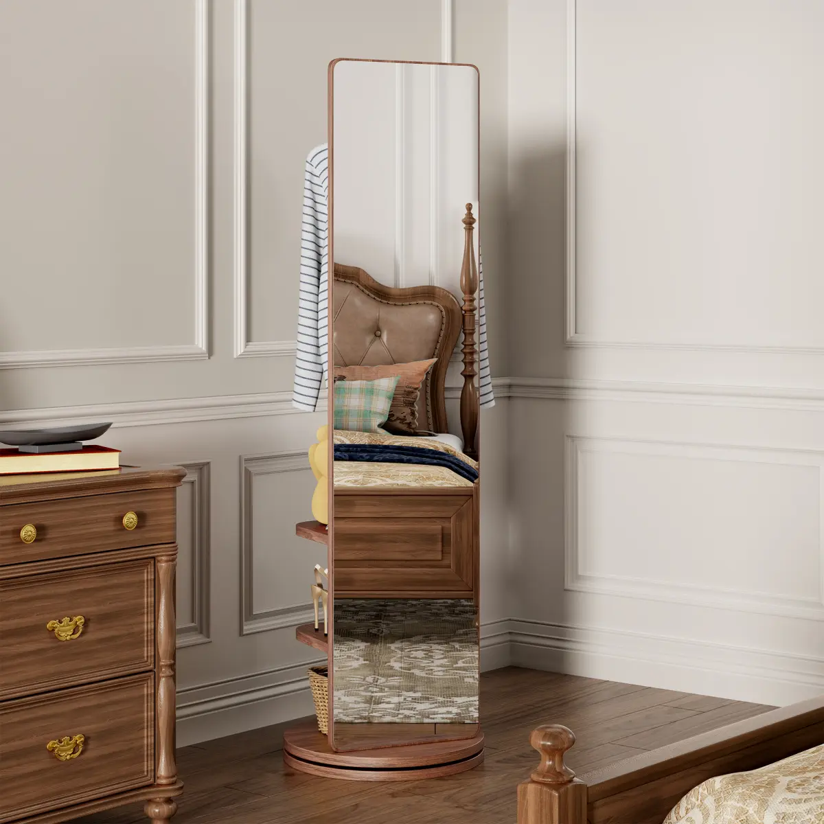 Classic Rectangle Walnut Solid Wood 360-Degree Rotating Full-Length Floor Mirror (66x178cm), Multifunctional Home Decor with Hanging Hook Storage & Coat Rack, Space-Saving for Bedroom, Vanity Setup