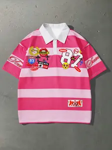 1 Pack Unisex Oversized Pink White Striped Polo Shirt Vintage Y2K Graphic Print Short Sleeve Top for Men Women Summer Casual Daily Streetwear Menswear