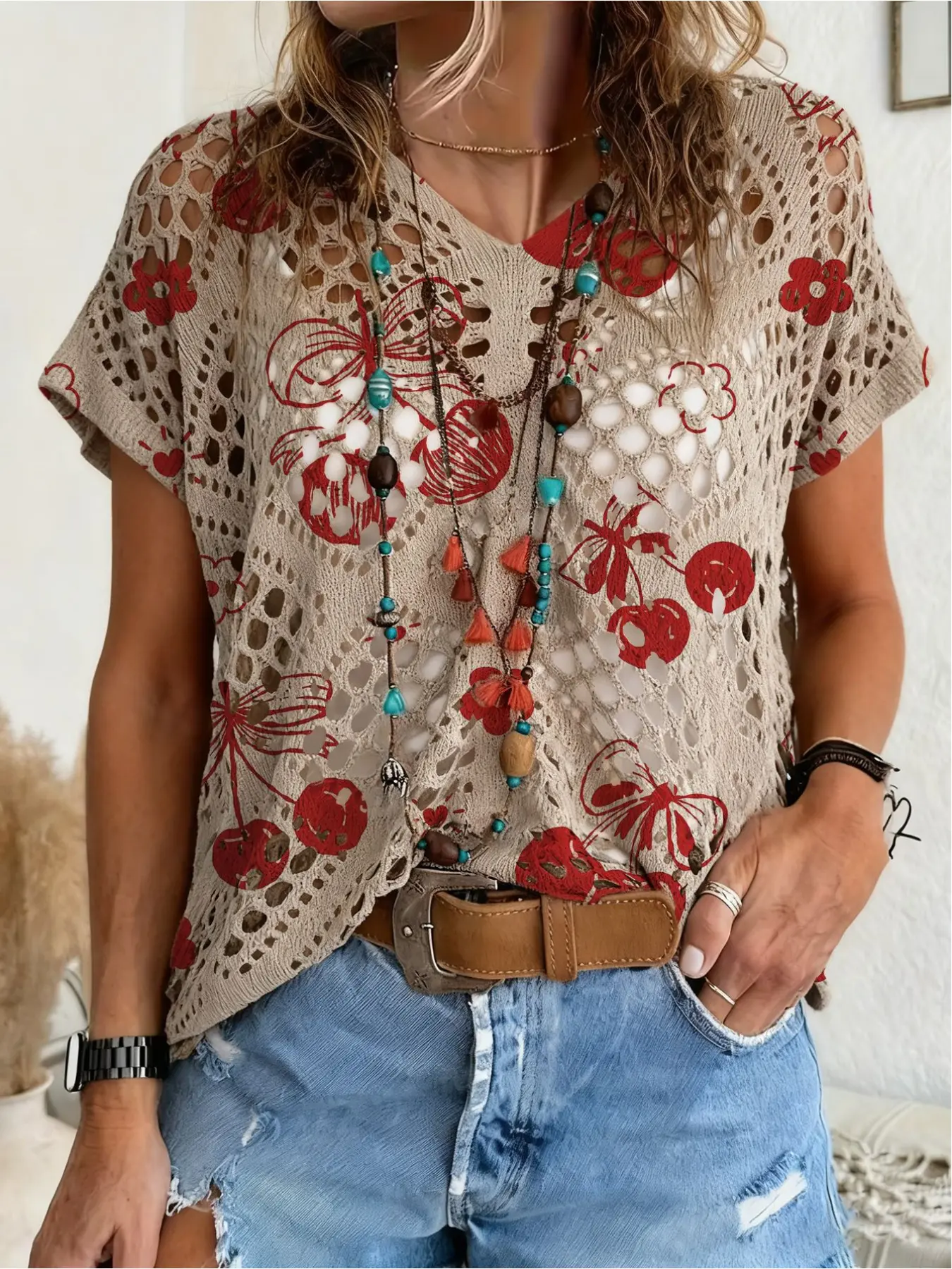 Spring and summer style, V-neck diamond hollow loose batwing short sleeve cover-up, contrast color cartoon fruit floral print women's knitted top, vacation style, casual and elegant for commute, women's vest cover-up, bikini cover-up, Bohemian vacation st