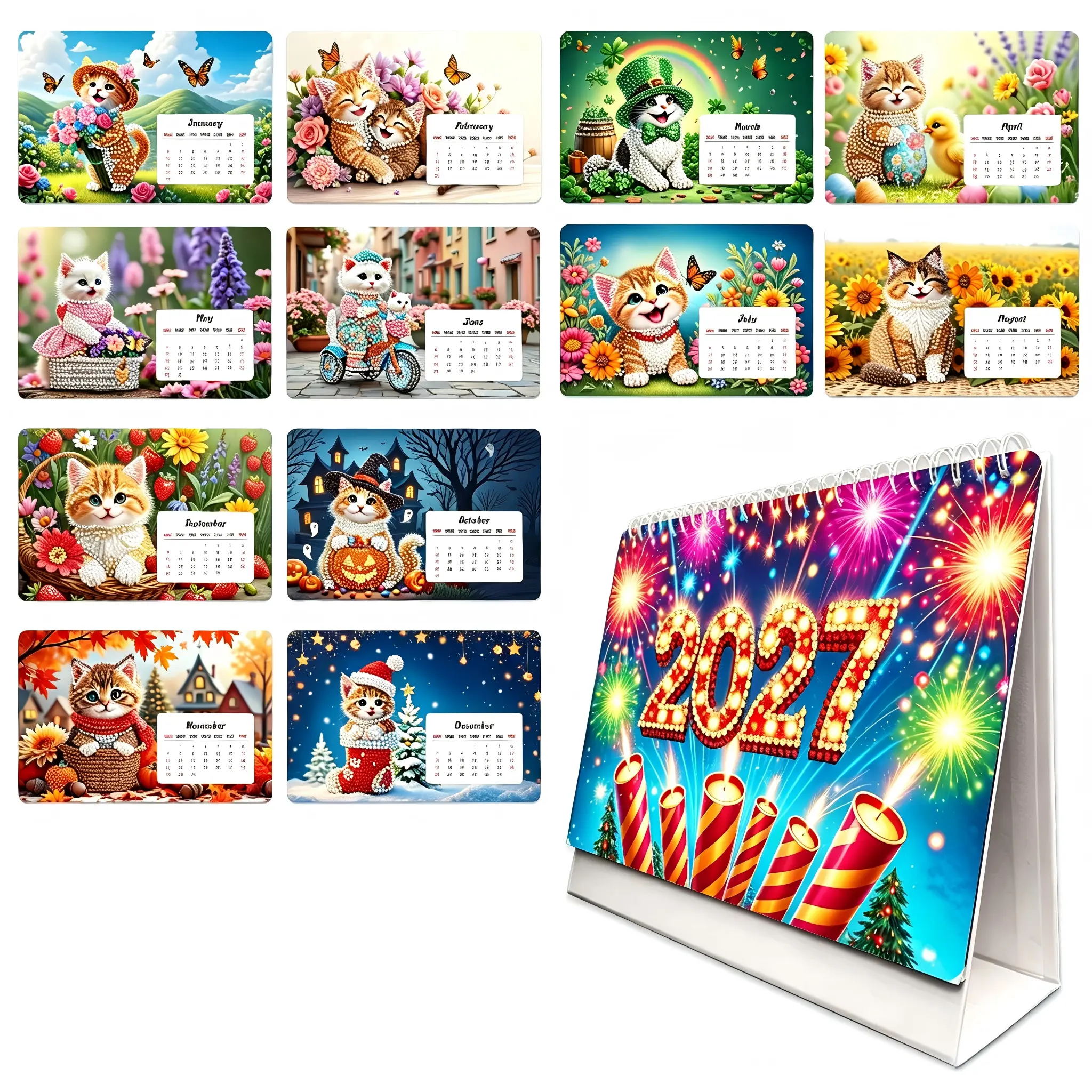 2027 Cat & Floral Rhinestone Diamond Painting Desk Calendar - 1-Year Jan-Dec Coverage, 12 Exquisite Monthly All Holidays Illustrations, Markable Schedule Area, Dual-Use Handmade Craft Home Table Ornament, Christmas Crafting Gift, #2027 Diamond Painting De