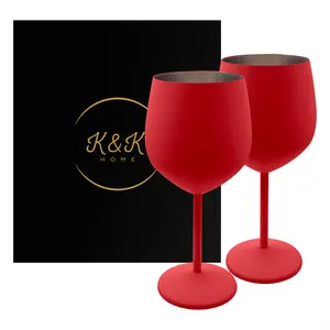 K&K Home Red Stainless Steel Unbreakable Red Wine Glasses - 18 oz - Set of 2 Colored, Stemmed Metal Wine Glasses Perfect for Outdoors, Weddings, and Parties