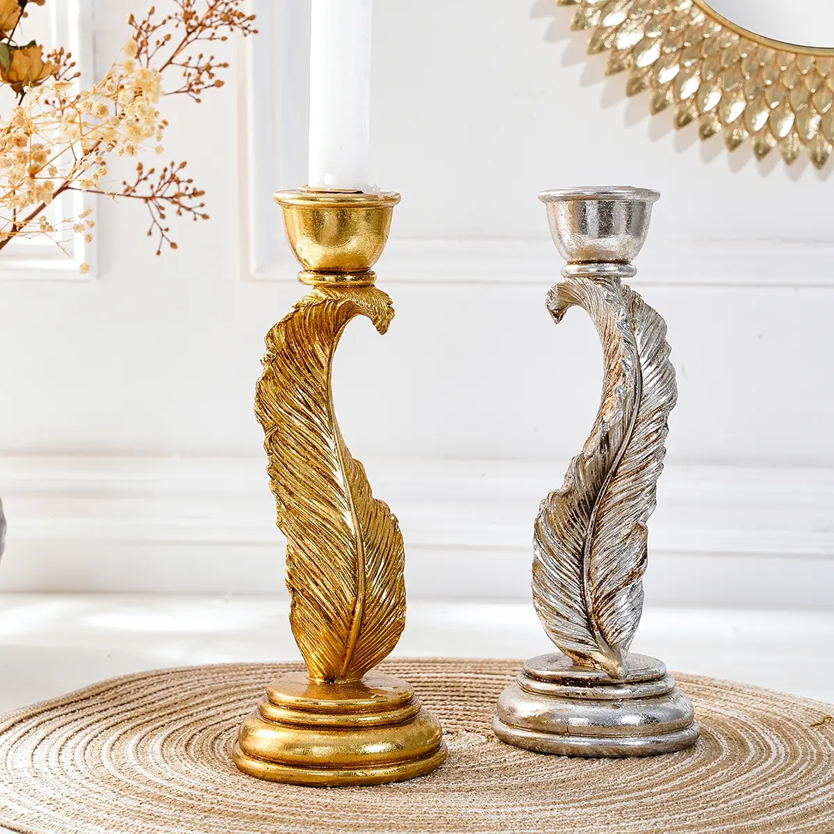 Vintage Feather Candle Holder, Resin Material Table Decor, Home Accessories, Home Wedding Party Restaurant Decoration, 1 Piece, Candle Stand