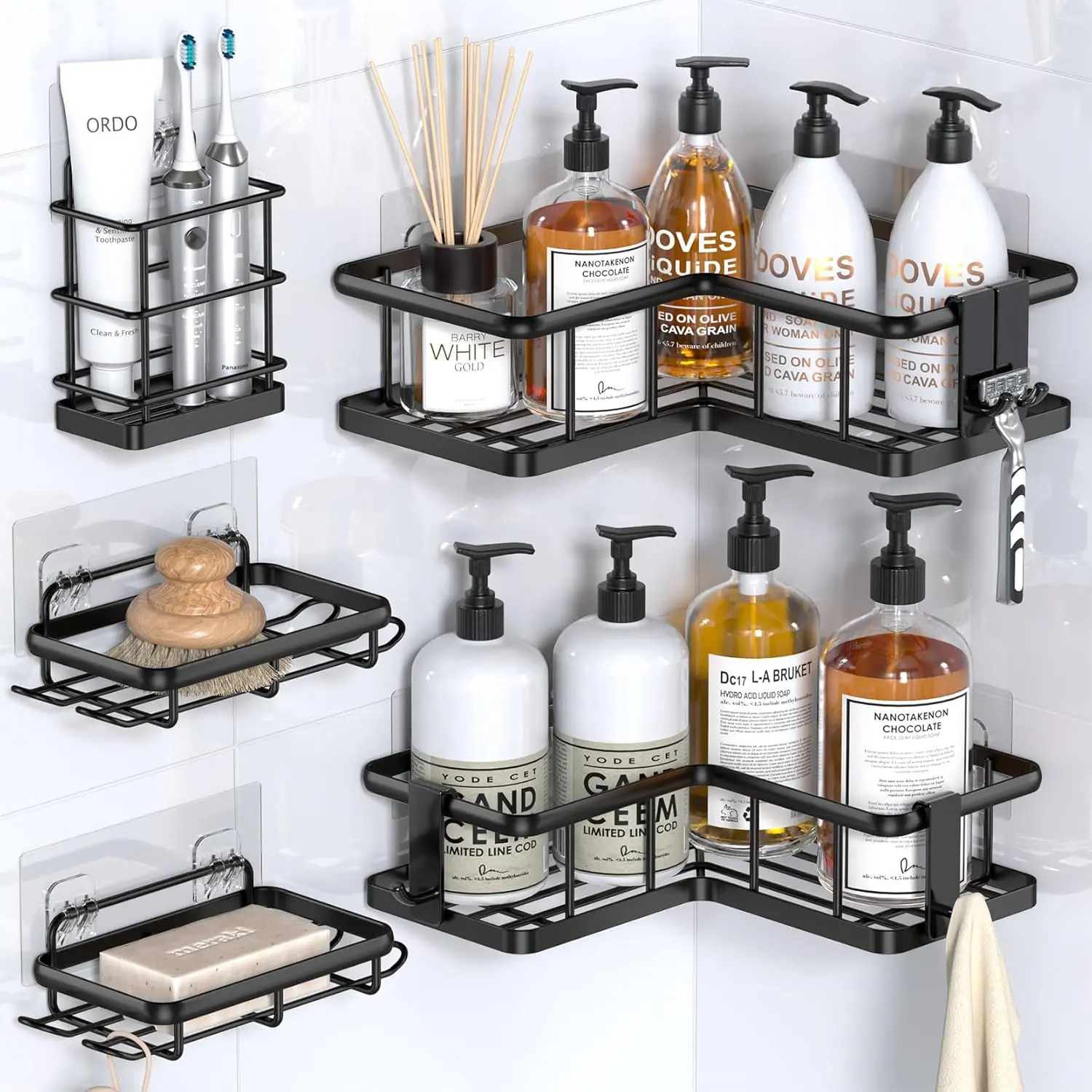 5-Pack Corner Shower Caddy, No-Drill Self-Adhesive Bathroom Storage Shelves, Rustproof Stainless Steel Wall Mounting Organiser with 3 Hooks for Dorm, Rental House, Self-Adhesive Wall Mount Holders & Dispensers