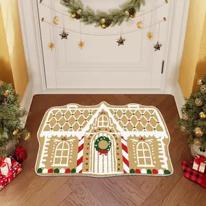 Christmas Door Mat with Cute Gingerbread House Design, New Year Atmosphere Rug, Christmas Decoration Mat, Party Christmas Gift