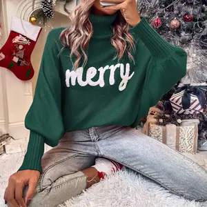 Asvivid Women's 2025 Christmas Merry Letter Embroidered High Neck Sweater