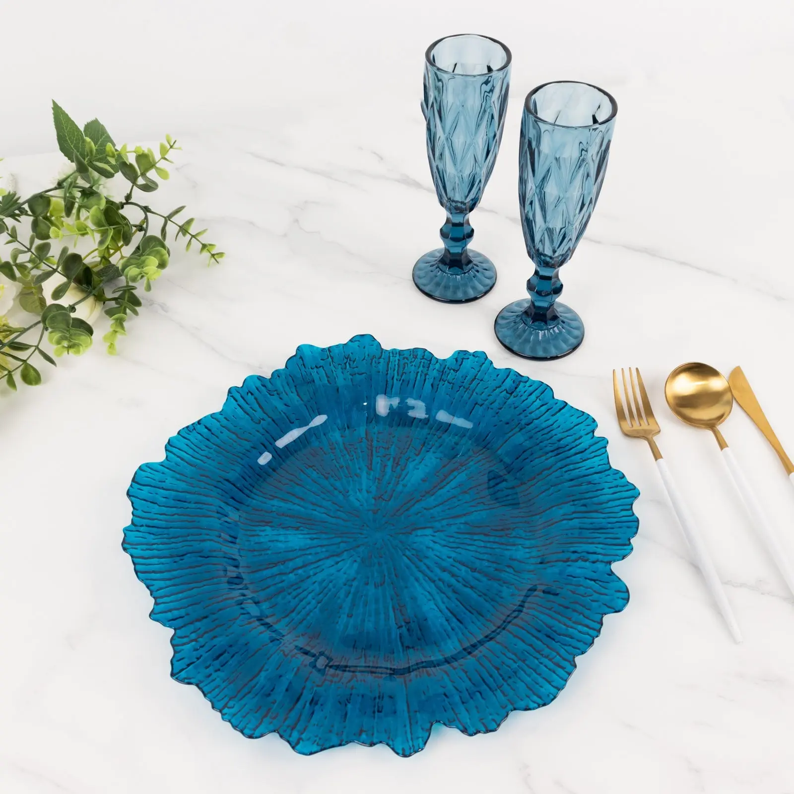 6-Pack Acrylic Plastic Charger Plates 13" Round Transparent Navy Blue Reef Design - Decorative Dinner Charger Tableware