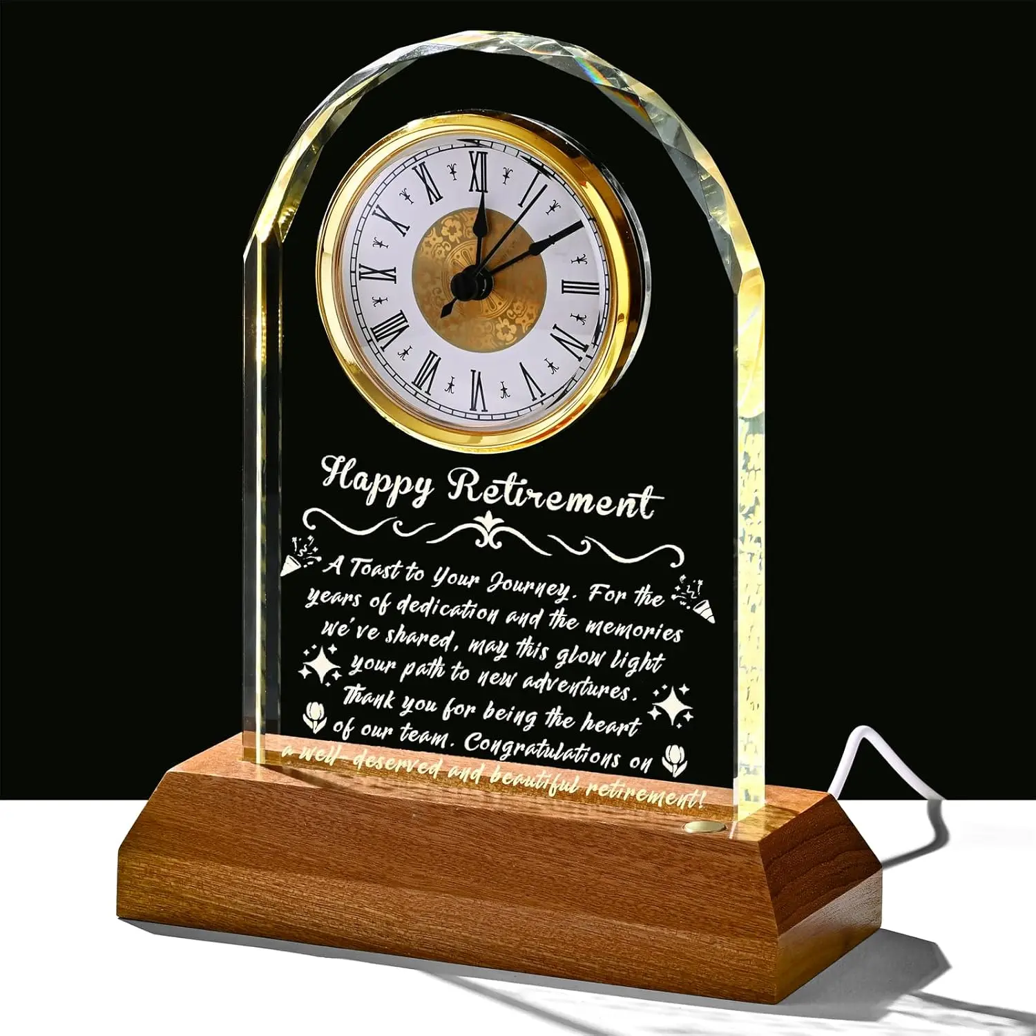 Gifts for Women Men, Personalized  Clock with Warm Night Light, Decorative Commemorative Keepsake for Retired Coworker, , Teacher, , Happy  Table Decor(Wooden)