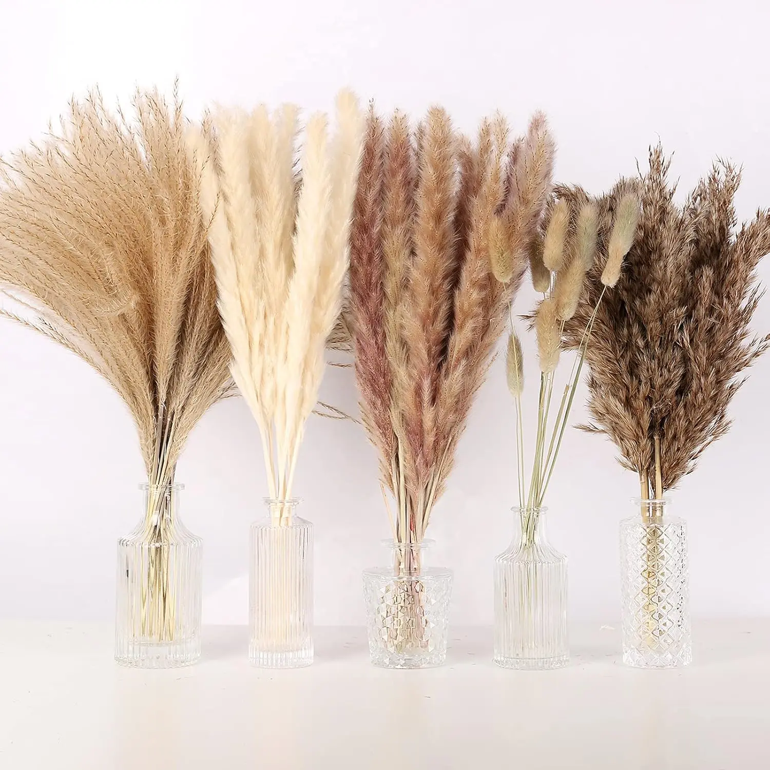 HIAGROW 75Pcs Dried Pampas Grass Decor Set – White & Brown Pampas, Bunny Tail Reed Grass, Fluffy Dried Flowers for Vase, Wedding, Boho Home Decor
