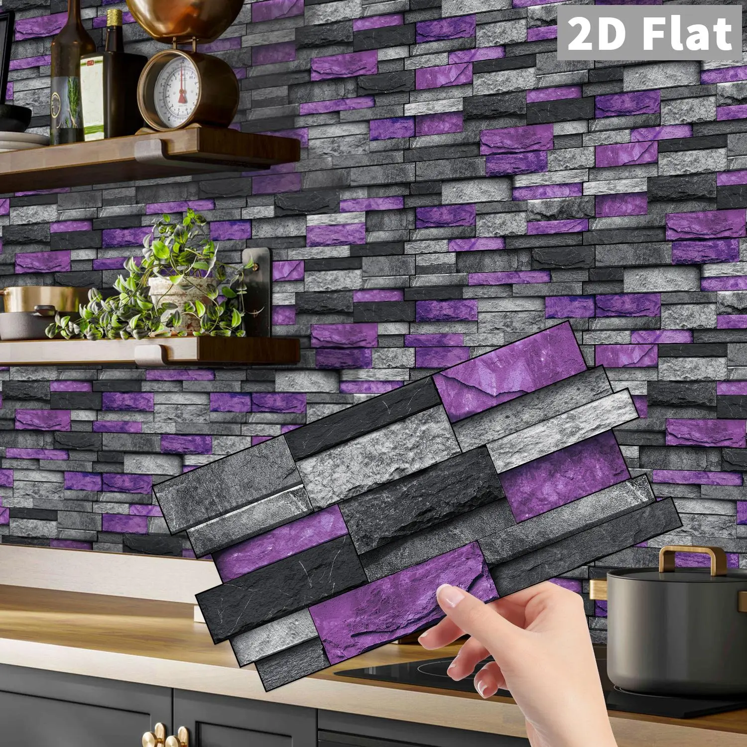 12/24/48 Sheets Purple Gray Self-Adhesive Tile Sticker Backsplash Wall Sticker, Decorative Wall Sticker, Striped Marble Vinyl Bathroom Kitchen Home Decor DIY Seamless Splicing Sticker, Stain-Proof, Easy Install, Waterproof Wall Sticker